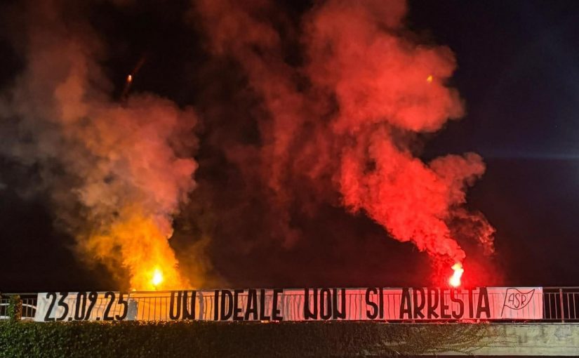 FOTO – Disordini a Nizza, lo striscione a difesa dei romanisti coinvolti: “Un ideale non si arresta”