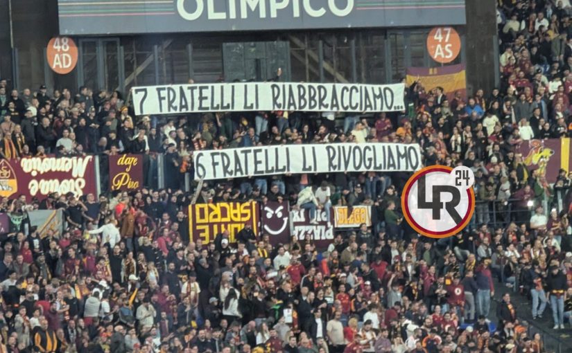 Roma-Vikoria Plzen, striscione in Sud, Nord e Tevere: “7 fratelli li riabbracciamo…6 fratelli li rivogliamo” (FOTO)